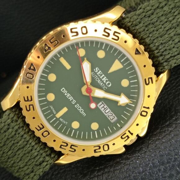 Seiko Other - Vintage 1983 Seiko Diver Automatic Mens Gold Watch W/daydate & Green accents
